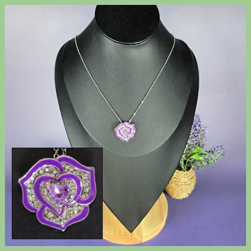 Purple Rose Flower Pendant with a Heart‎ Center (NWOT)